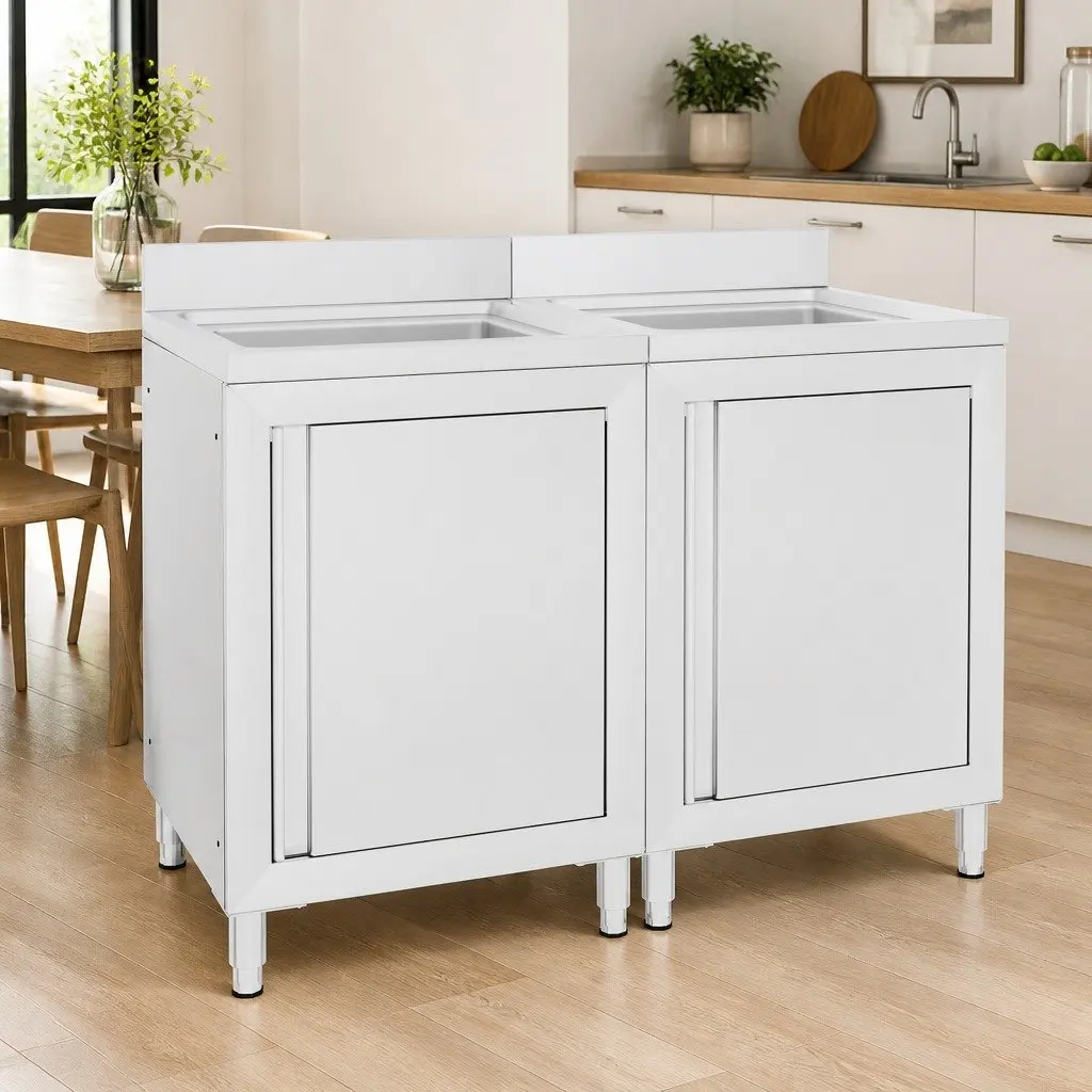 Commercial Kitchen Sink Cabinet Stainless Steel 2 Pieces Adjustable Feet Back Splash