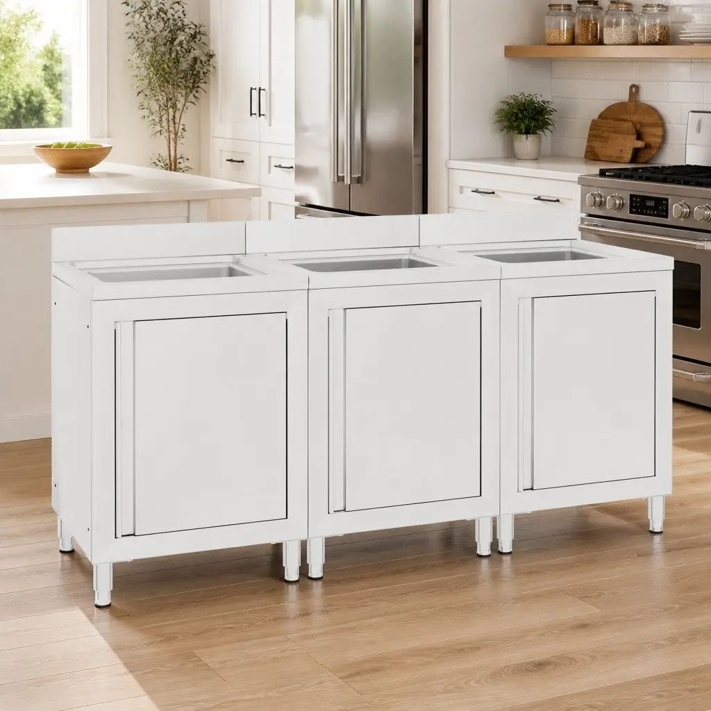 Commercial Kitchen Sink Cabinet Stainless Steel 3 Piece Set Storage Workspace