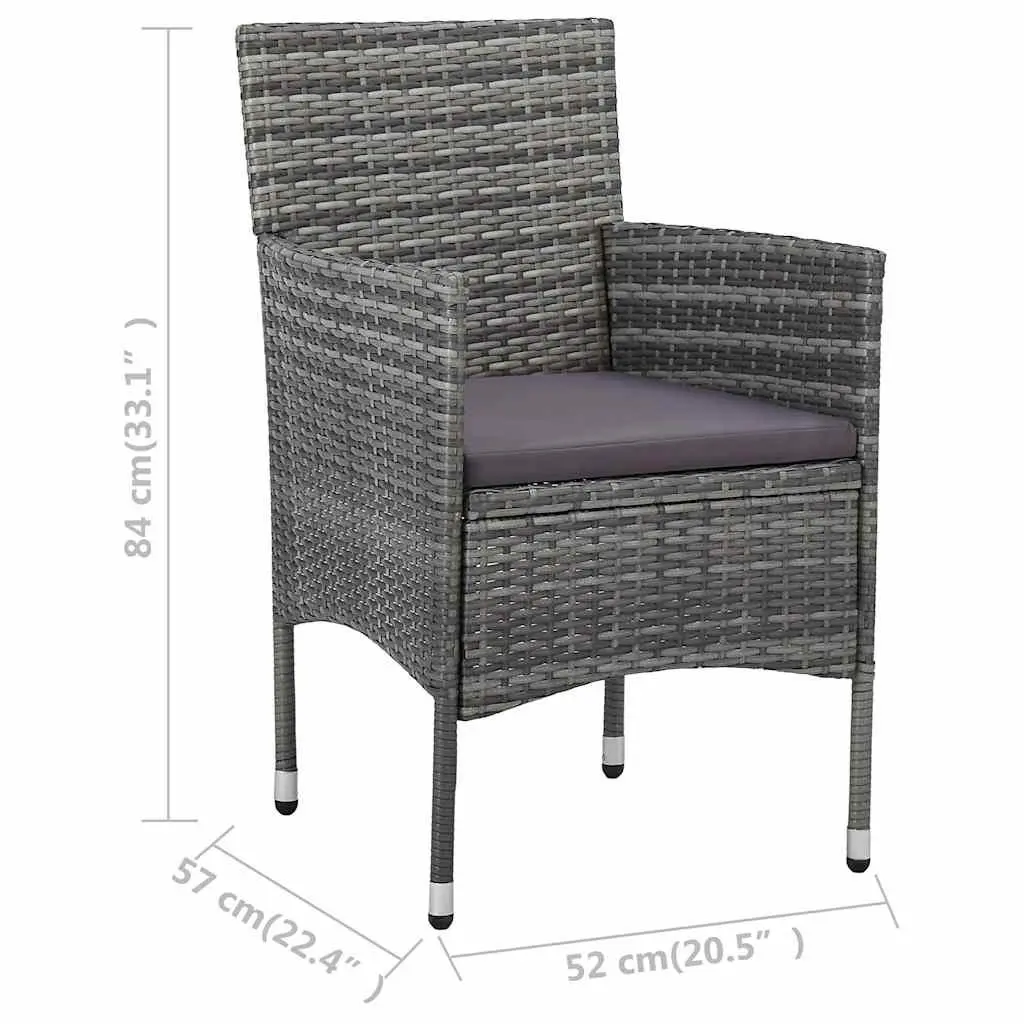 Garden Dining Set 3 Piece Grey Outdoor Furniture with Cushions and Glass Top Table Poly Rattan