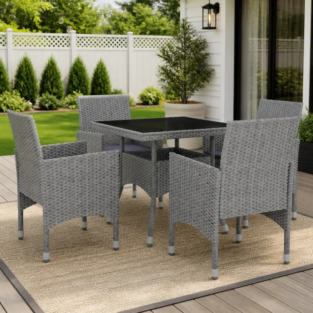 5 Piece Outdoor Dining Set Grey Poly Rattan Glass Top Garden Furniture