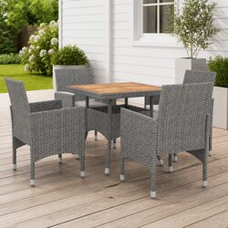 5 Piece Outdoor Dining Set Grey PE Rattan Acacia Wood Table Chairs Cushions