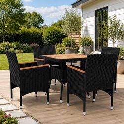 Outdoor Dining Set 5 Piece Black Poly Rattan Garden Furniture with Acacia Wood