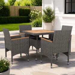 5 Piece Outdoor Dining Set Grey Poly Rattan Acacia Wood Garden Furniture