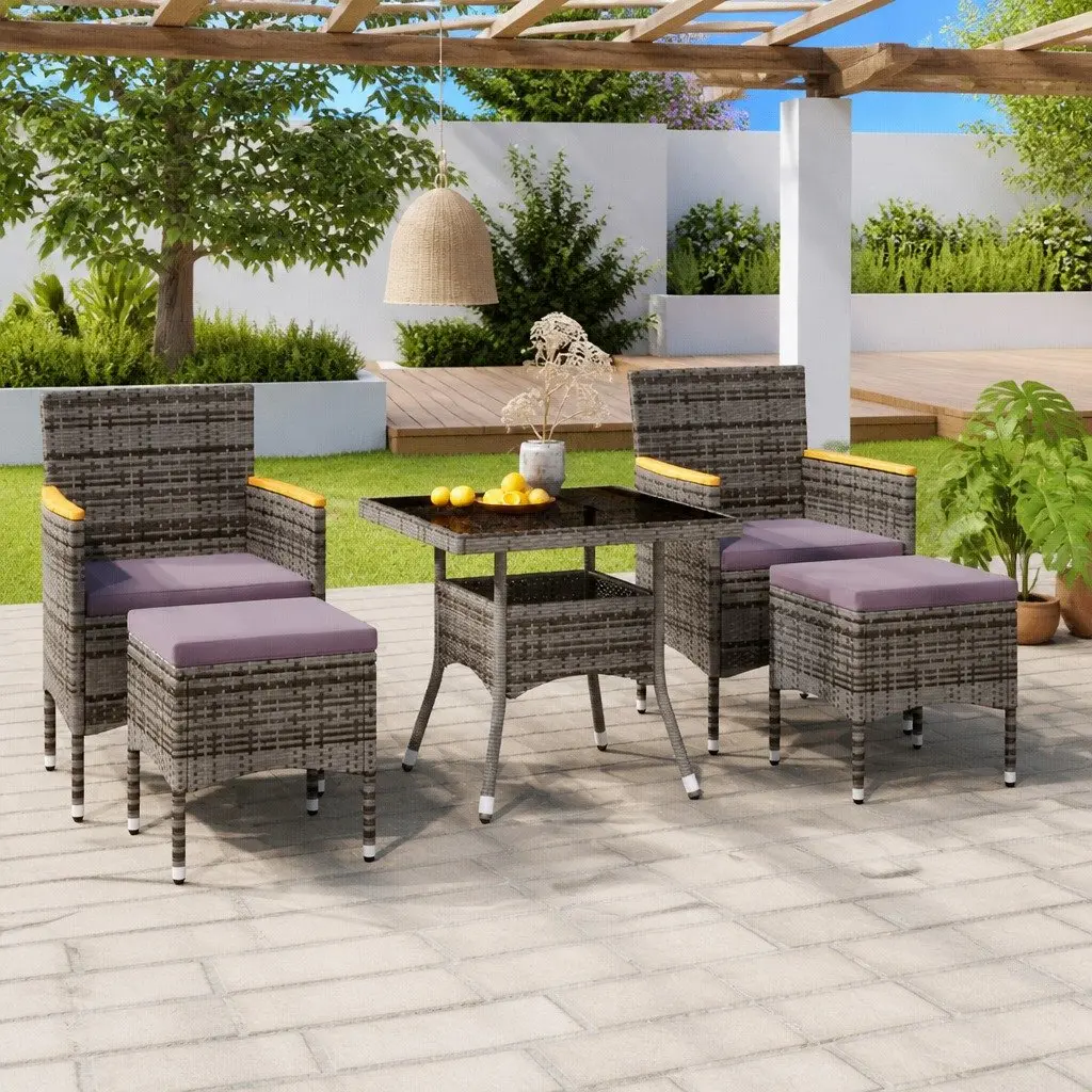 5 Piece Garden Dining Set Grey Outdoor Poly Rattan Tempered Glass Table Chairs