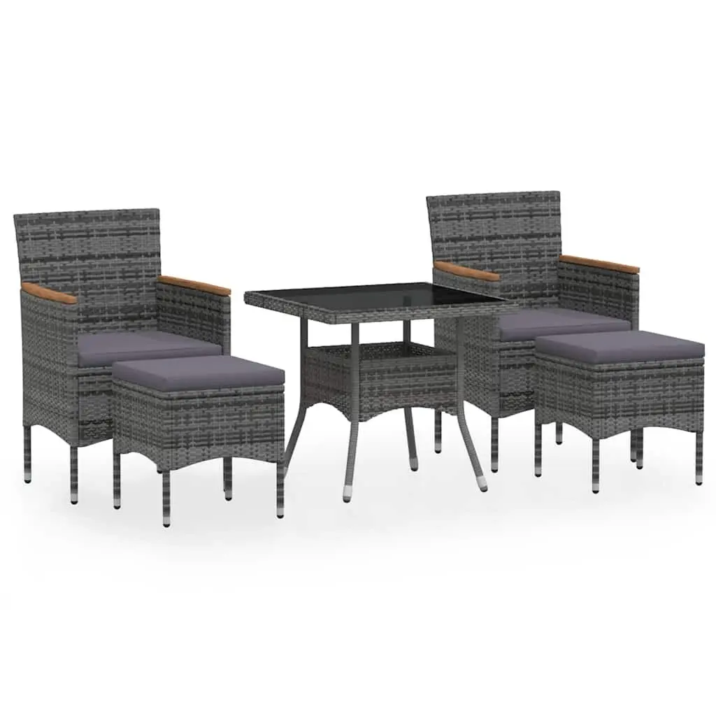 5 Piece Garden Dining Set Grey Outdoor Poly Rattan Tempered Glass Table Chairs