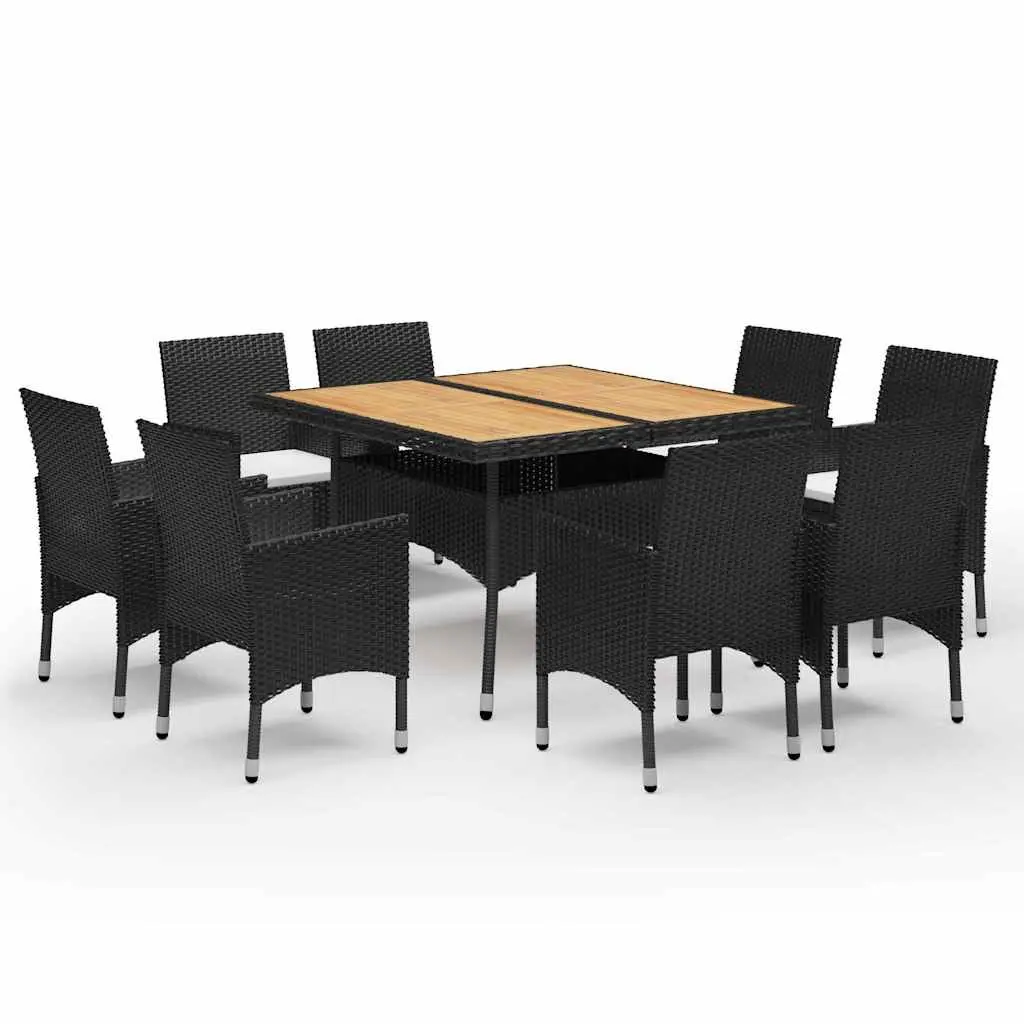 9 Piece Garden Furniture Set Black Acacia Wood Durable Weather Resistant Poly Rattan Dining Set with Reinforced Steel Frame