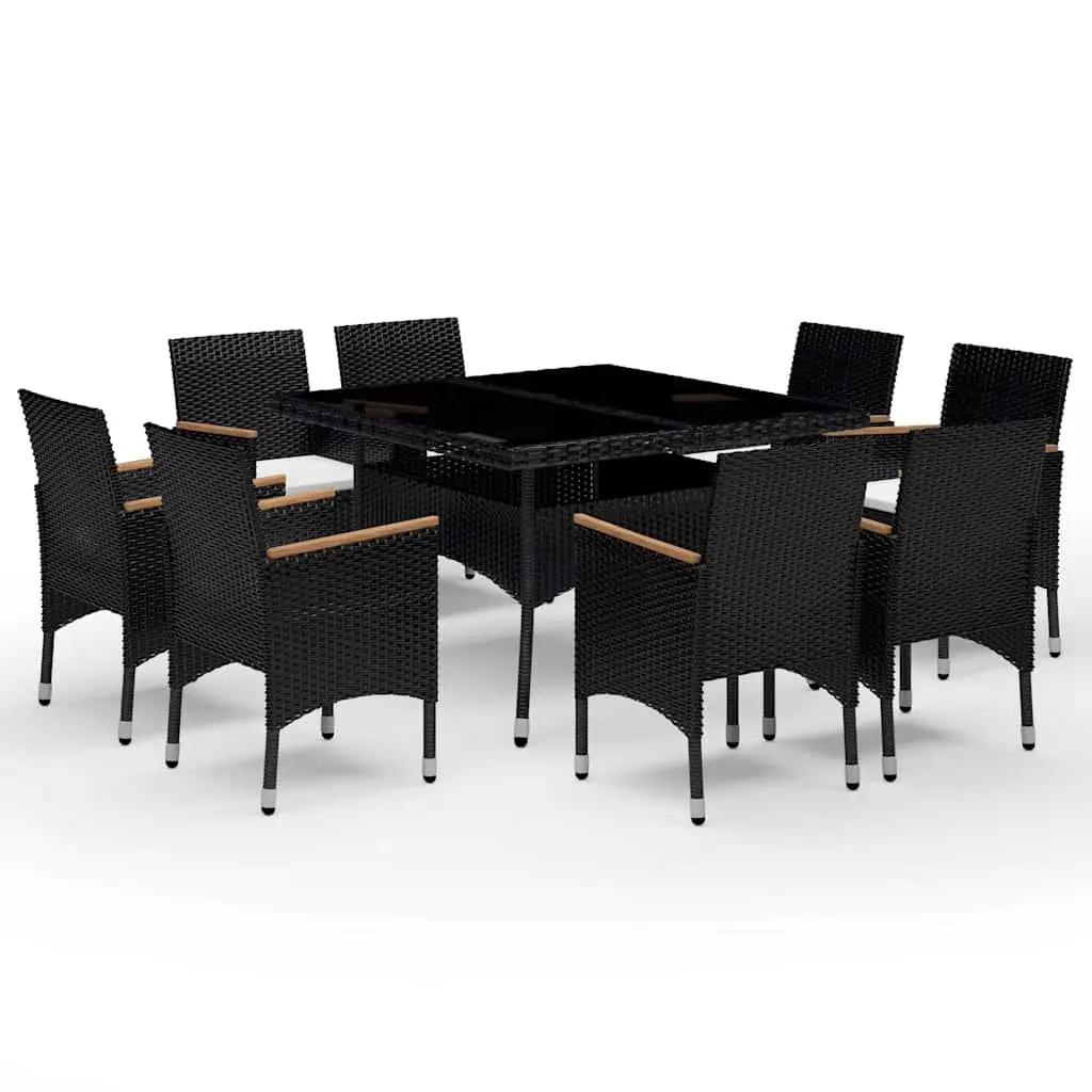 9 Piece Garden Dining Set Black Outdoor Furniture Poly Rattan Acacia Wood