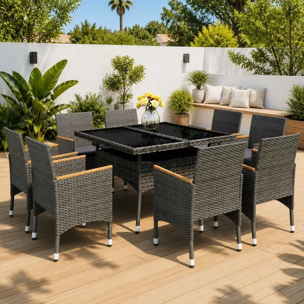 9 Piece Outdoor Dining Set Poly Rattan Acacia Wood Furniture Grey Garden Patio