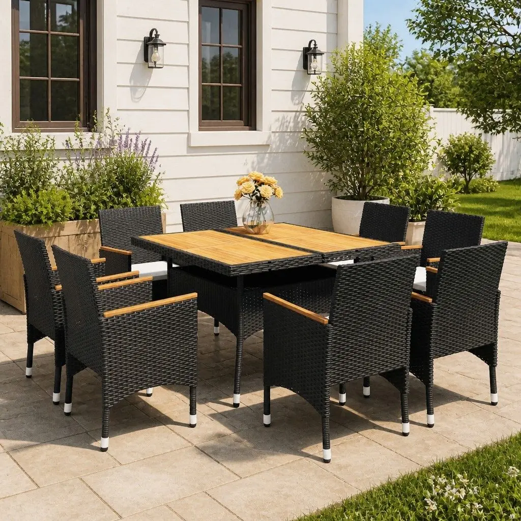 9 Piece Outdoor Dining Set Black PE Rattan Acacia Wood Reinforced Steel Frame
