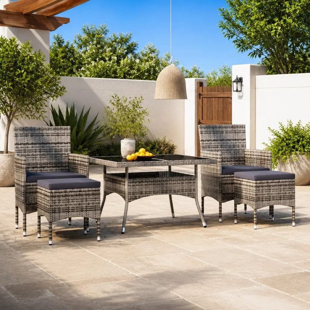 5 Piece Garden Dining Set Grey Outdoor Poly Rattan Tempered Glass Table Chairs