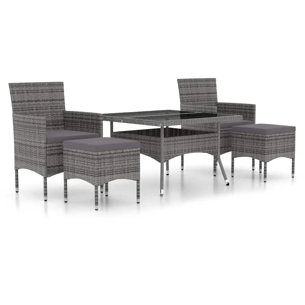 5 Piece Garden Dining Set Grey Outdoor Poly Rattan Tempered Glass Table Chairs