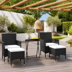 Garden Bistro Set 5 Piece Outdoor Furniture Black PE Rattan Tempered Glass Table