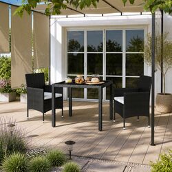 Garden Dining Set 3 Piece Outdoor Rattan Chairs Table Black Tempered Glass