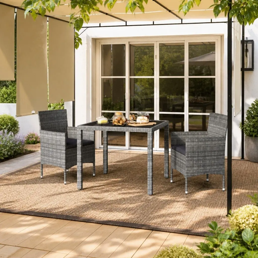 Garden Dining Set 3 Piece Outdoor Furniture Grey Poly Rattan Tempered Glass