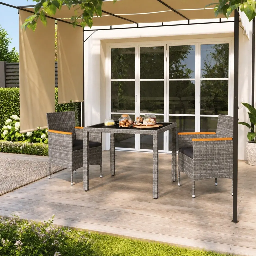 Garden Dining Set Grey with Curved Backrest 3 Piece Weather Resistant PE Rattan and Reinforced Tempered Glass Outdoor Furniture