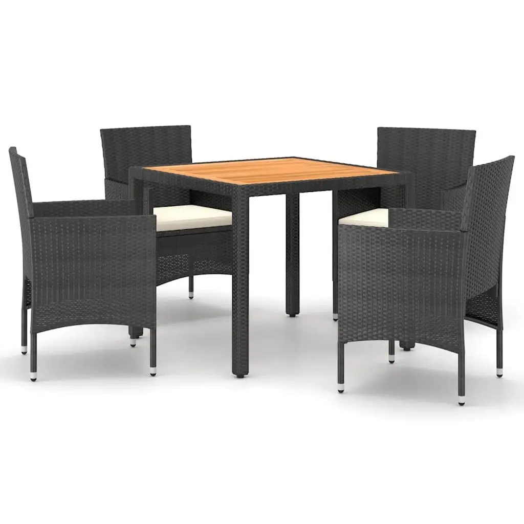 5 Piece Garden Dining Set Black Outdoor Table Chairs PE Rattan Steel Frame Acacia Top