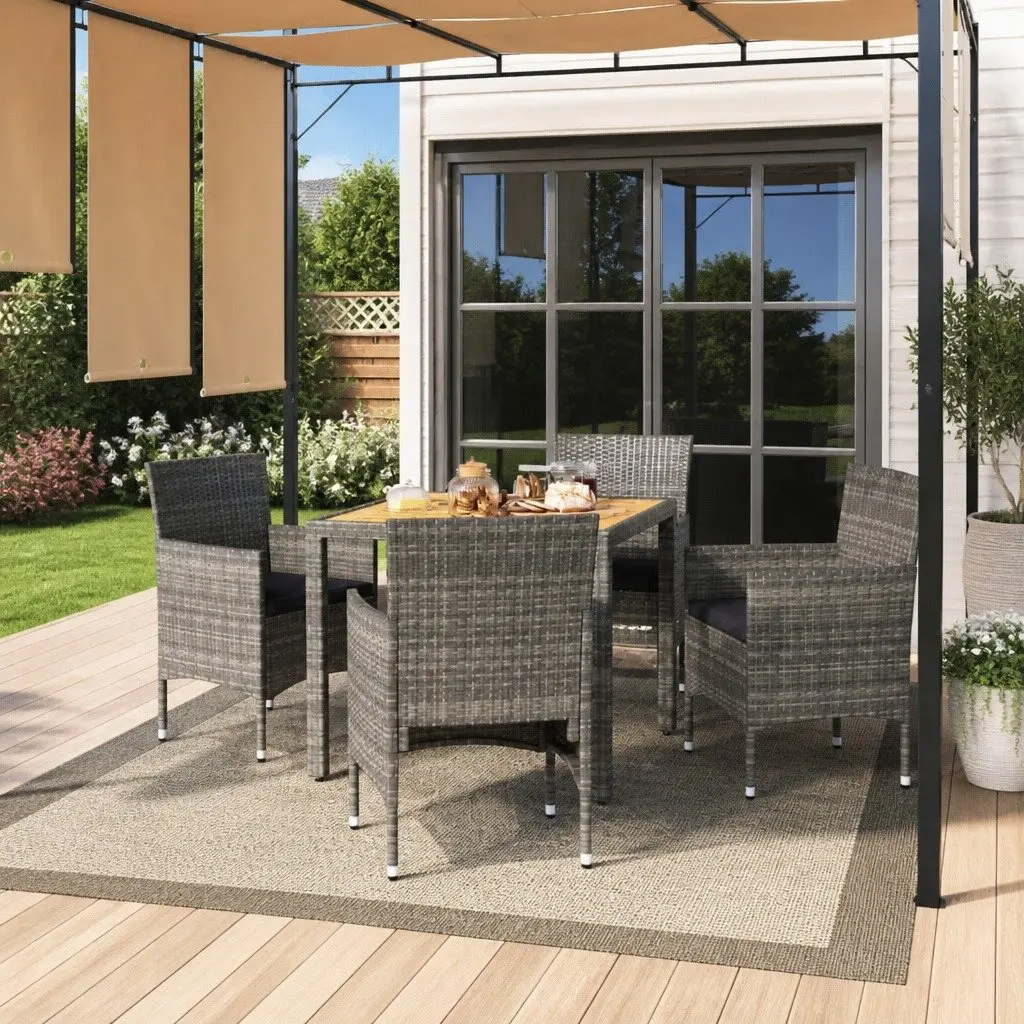 Garden Dining Set Grey 5 Piece Outdoor Furniture PE Rattan Steel Frame Acacia Wood