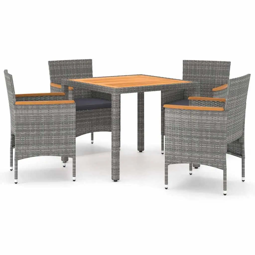 5 Piece Grey Patio Dining Set with Acacia Wood Table and PE Rattan Chairs on Powder Coated Steel Frame