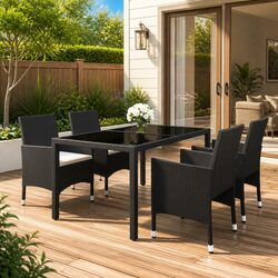 5 Piece Outdoor Dining Set Poly Rattan Glass Top Patio Garden Furniture Black