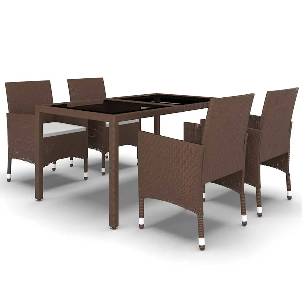 5 Piece Garden Dining Set Brown Outdoor Patio Furniture PE Rattan Glass Table Chairs