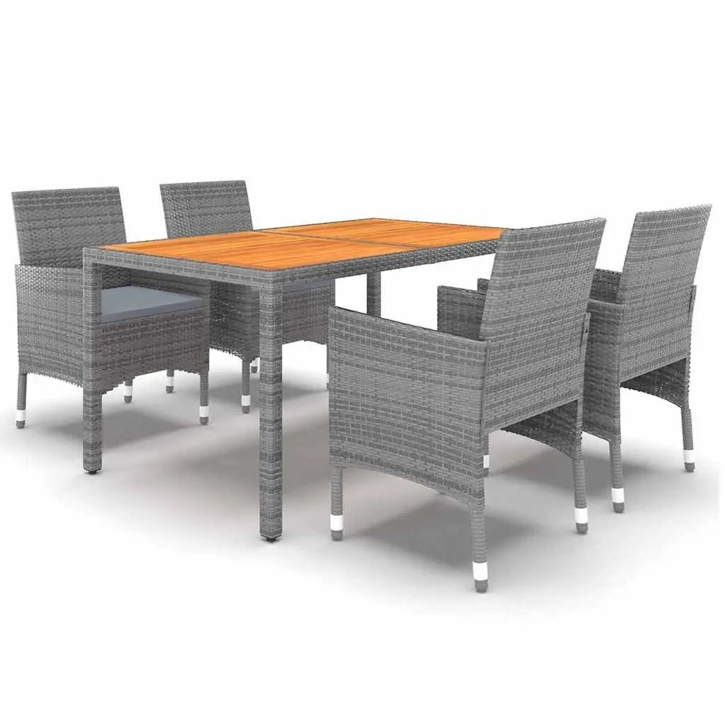 5 Piece Garden Dining Set Grey Outdoor Patio Furniture with Weather-resistant PE Rattan and Solid Acacia Wood Table