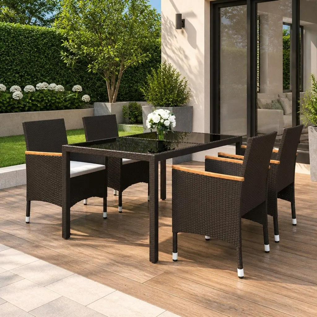 5 Piece Outdoor Garden Dining Set Black Tempered Glass Table Ergonomic Chairs