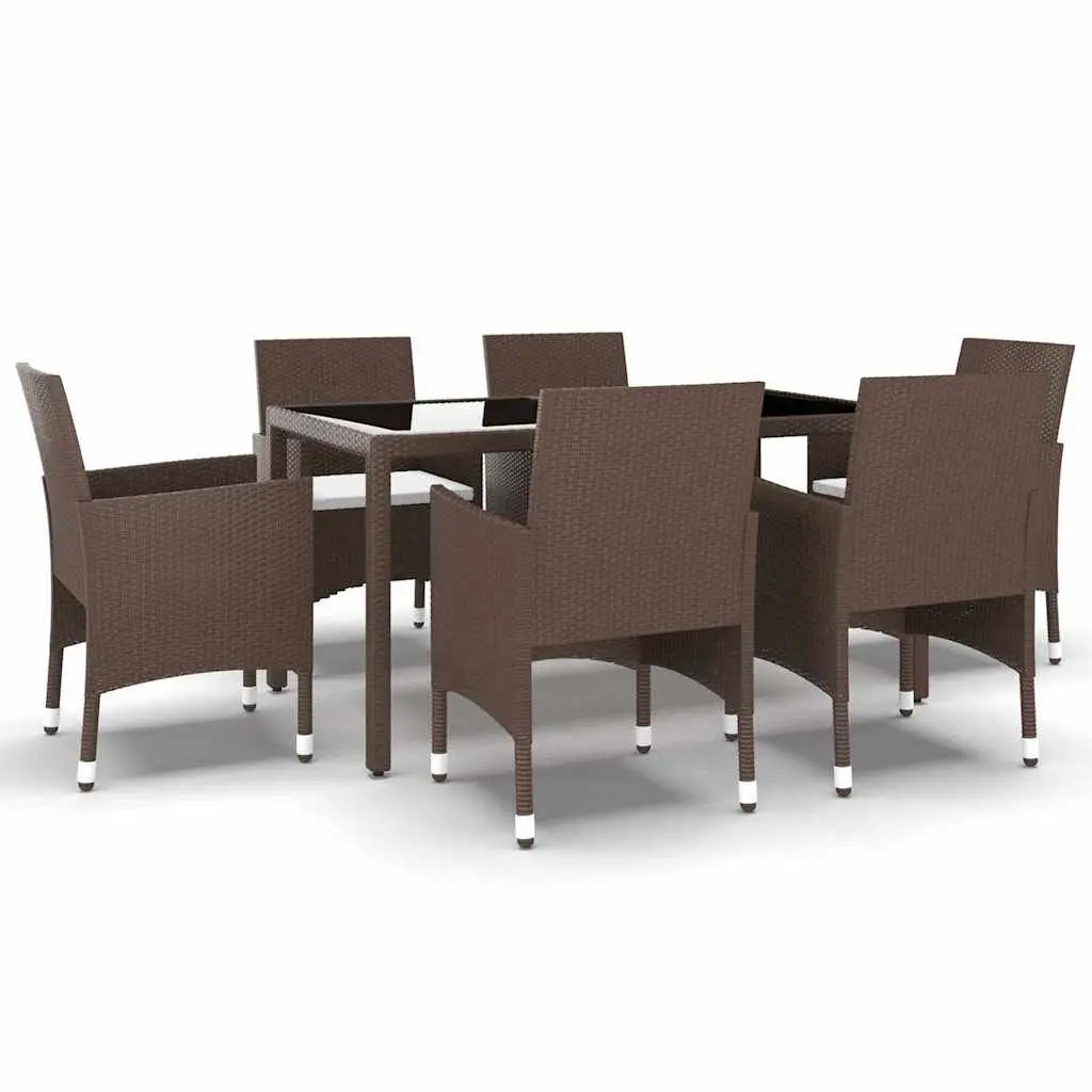 7 Piece Garden Dining Set Brown PE Rattan Tempered Glass Table Outdoor Furniture