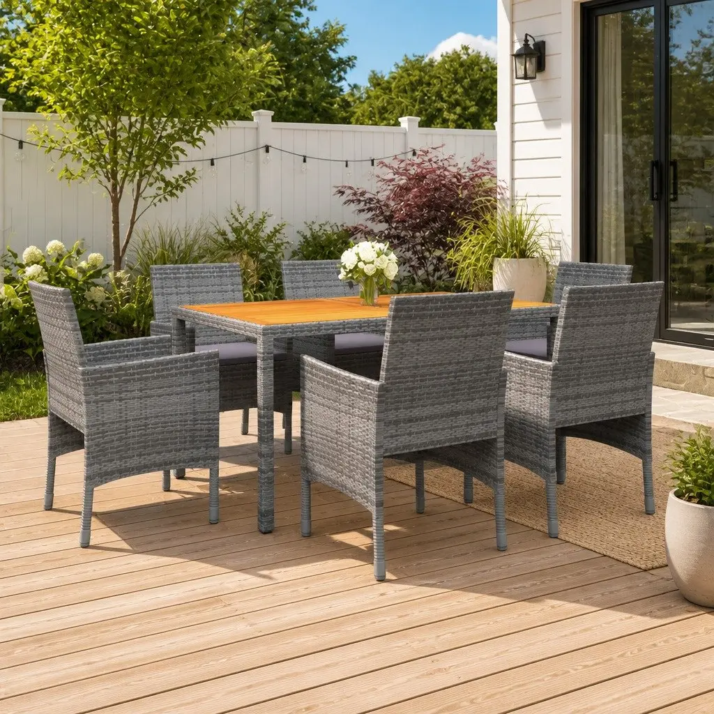 7 Piece Garden Dining Set Grey Rattan Outdoor Patio Furniture Weather Resistant