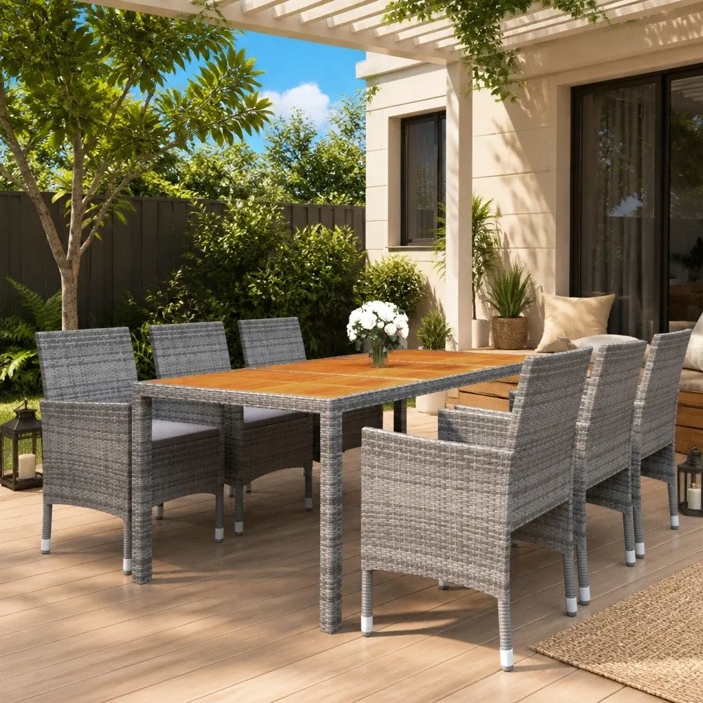 7 Piece Garden Dining Set Grey Rattan Table Chairs Outdoor Patio Furniture