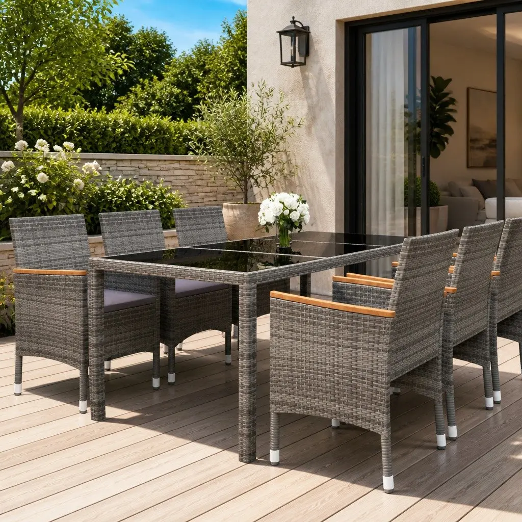 7 Piece Garden Dining Set Grey Outdoor Patio Furniture PE Rattan Tempered Glass