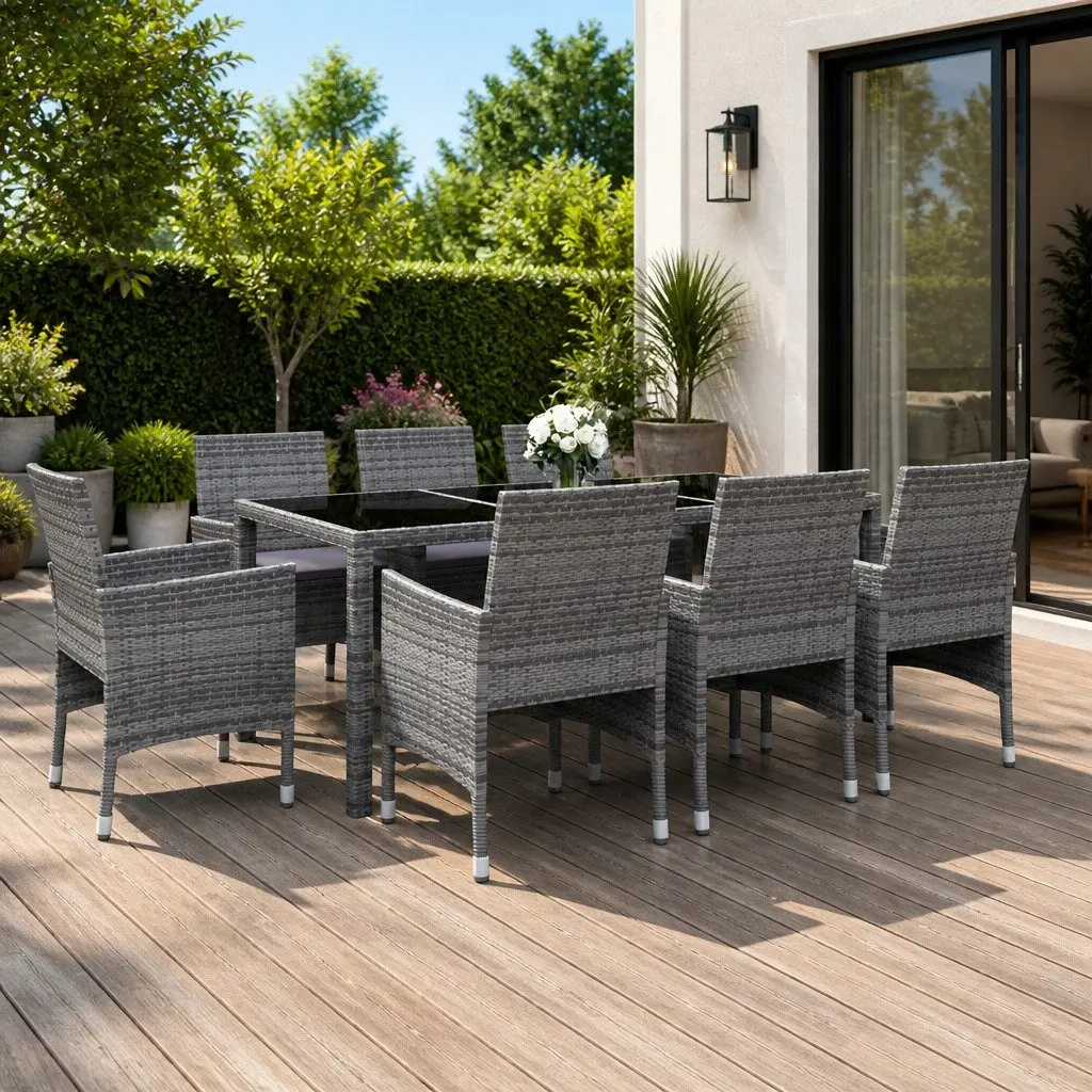 Garden Dining Set Grey 9 Piece Outdoor Patio Furniture Table Chairs Rattan