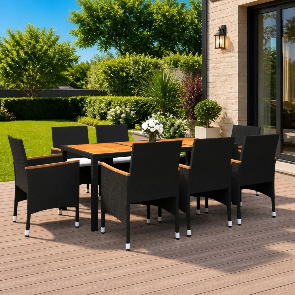 Garden Dining Set Black 9 Piece Outdoor Patio Furniture Table Chairs Rattan