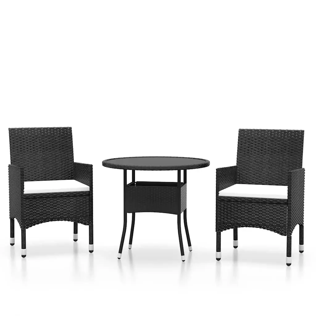 3 Piece Outdoor Dining Set Black Poly Rattan Powder-coated Steel Frame Tempered Glass Table Thickly Padded Cushions