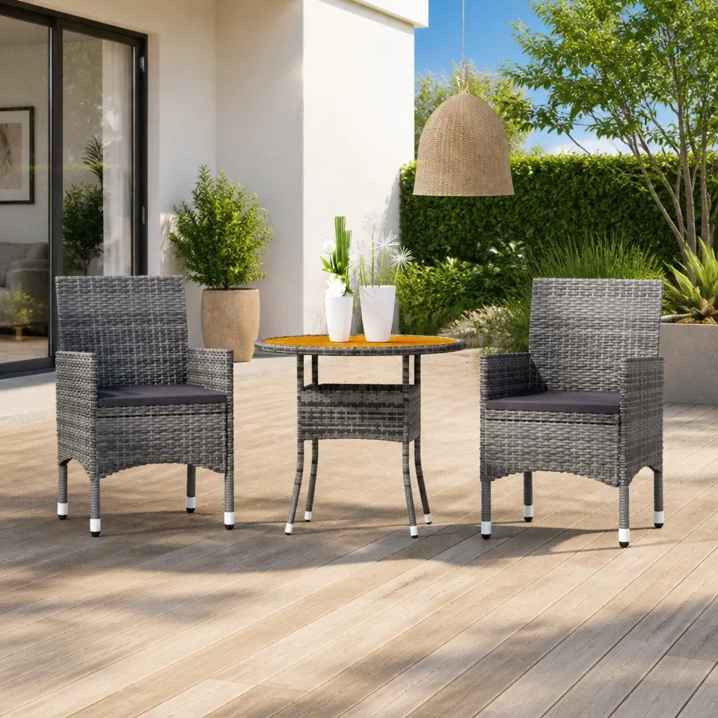 Garden Dining Set 3 Piece Outdoor Furniture Poly Rattan Steel Frame Acacia Wood