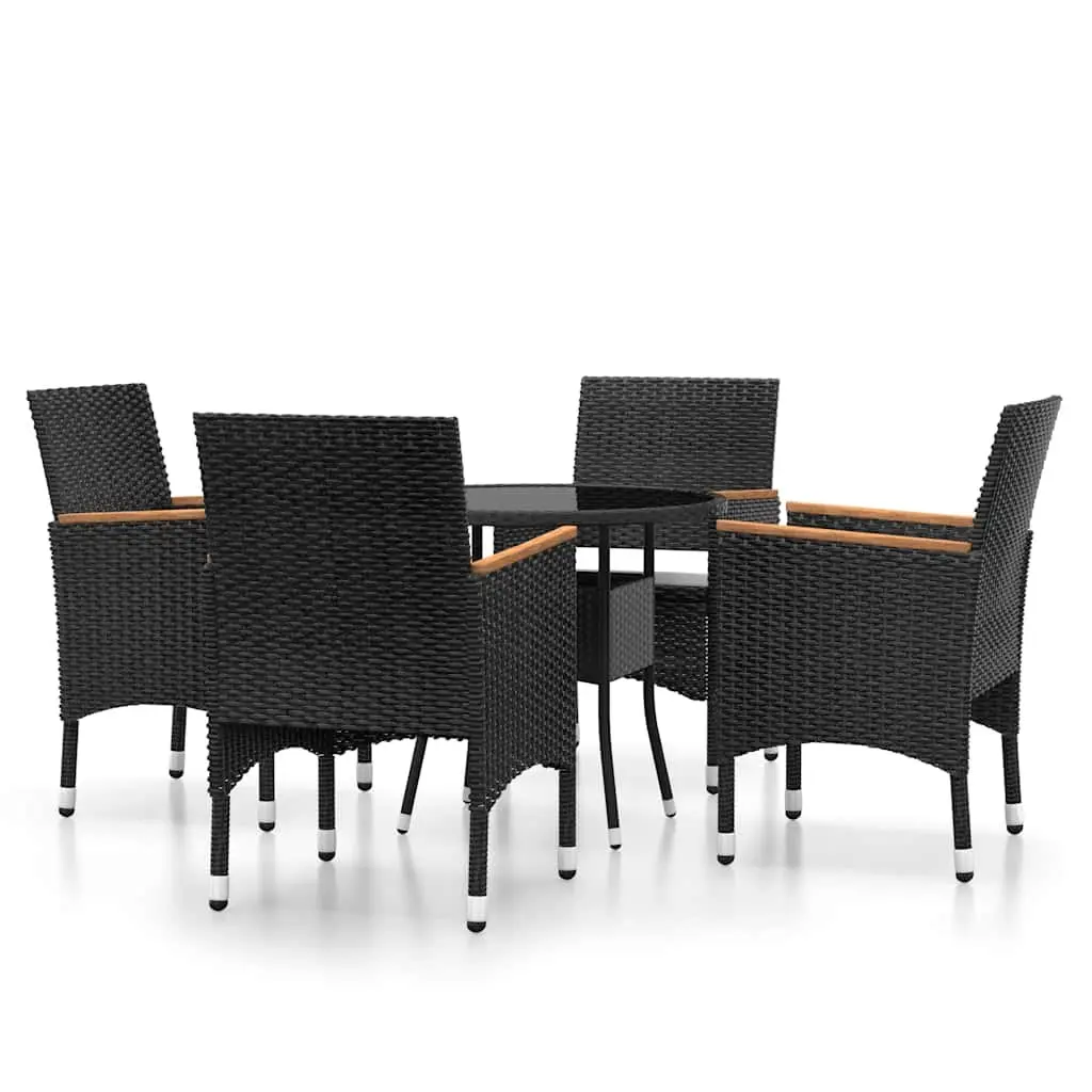 5 Piece Outdoor Dining Set Black Poly Rattan Table Chairs Thick Cushions