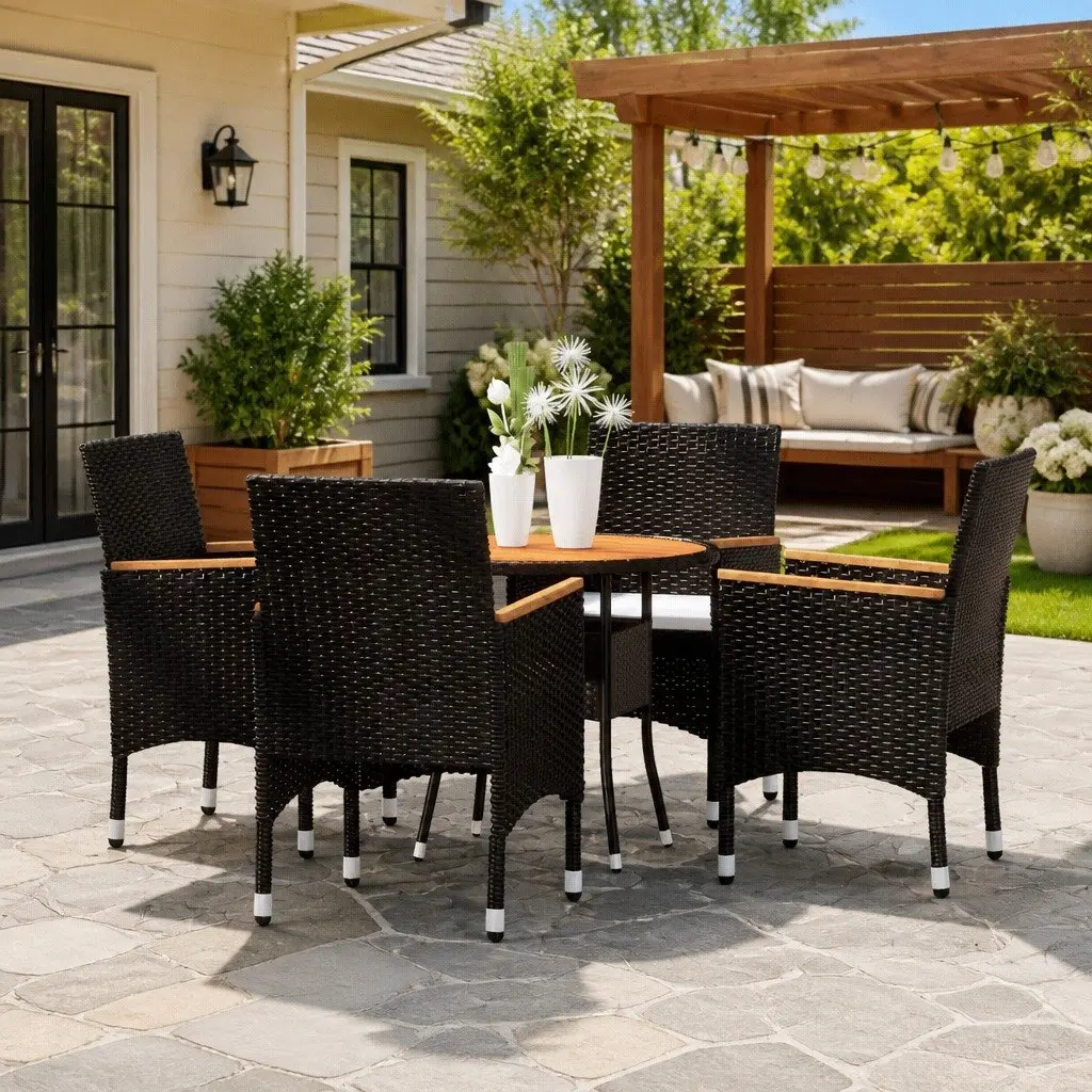 Garden Dining Set Black 5 Piece Outdoor Furniture Poly Rattan Steel Frame Acacia Wood