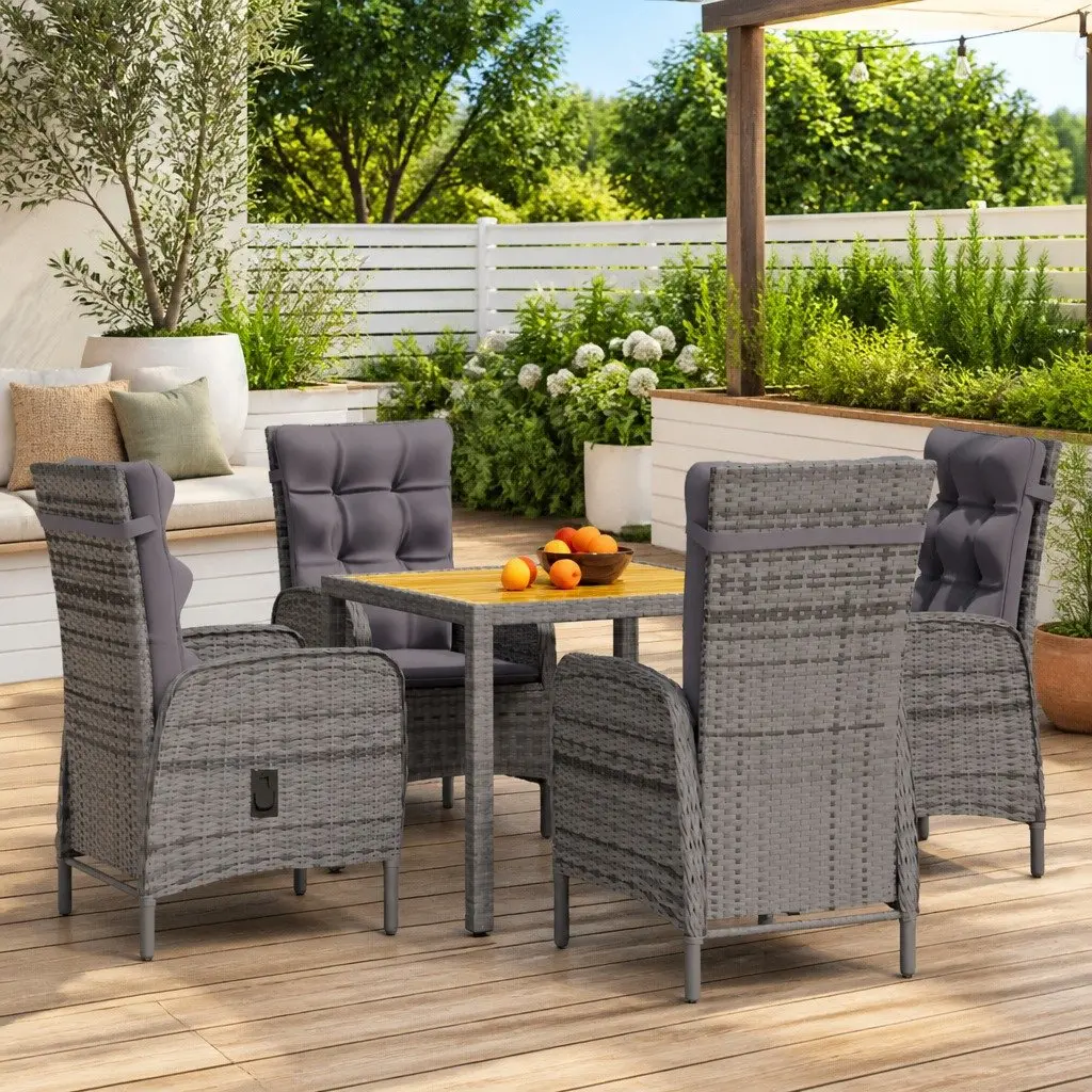 5 Piece Patio Dining Set Grey PE Rattan Steel Frame Adjustable Reclining Armchairs Acacia Wood Table