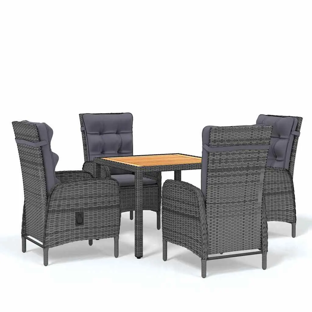 5 Piece Patio Dining Set Grey PE Rattan Steel Frame Adjustable Reclining Armchairs Acacia Wood Table
