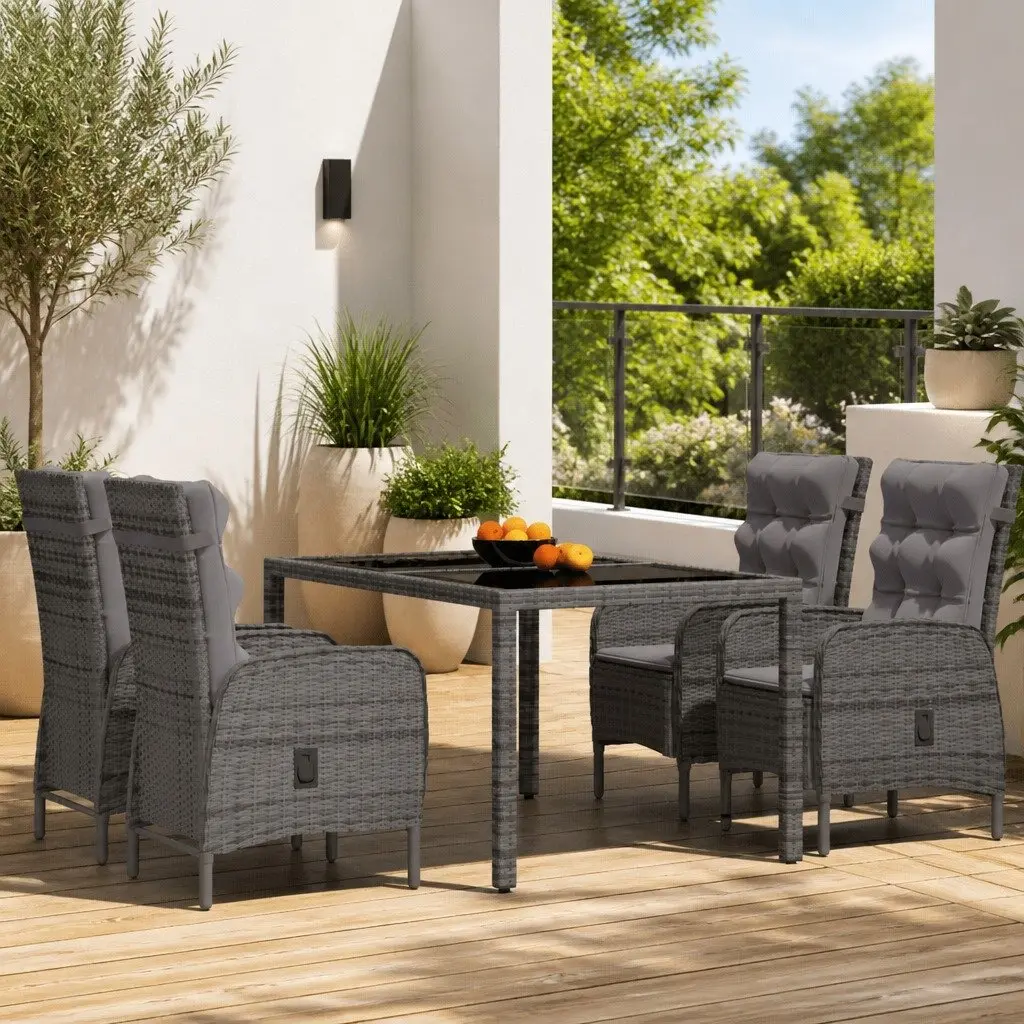 5 Piece Garden Dining Set Grey Steel Frame PE Rattan Glass Tabletop Outdoor Furniture