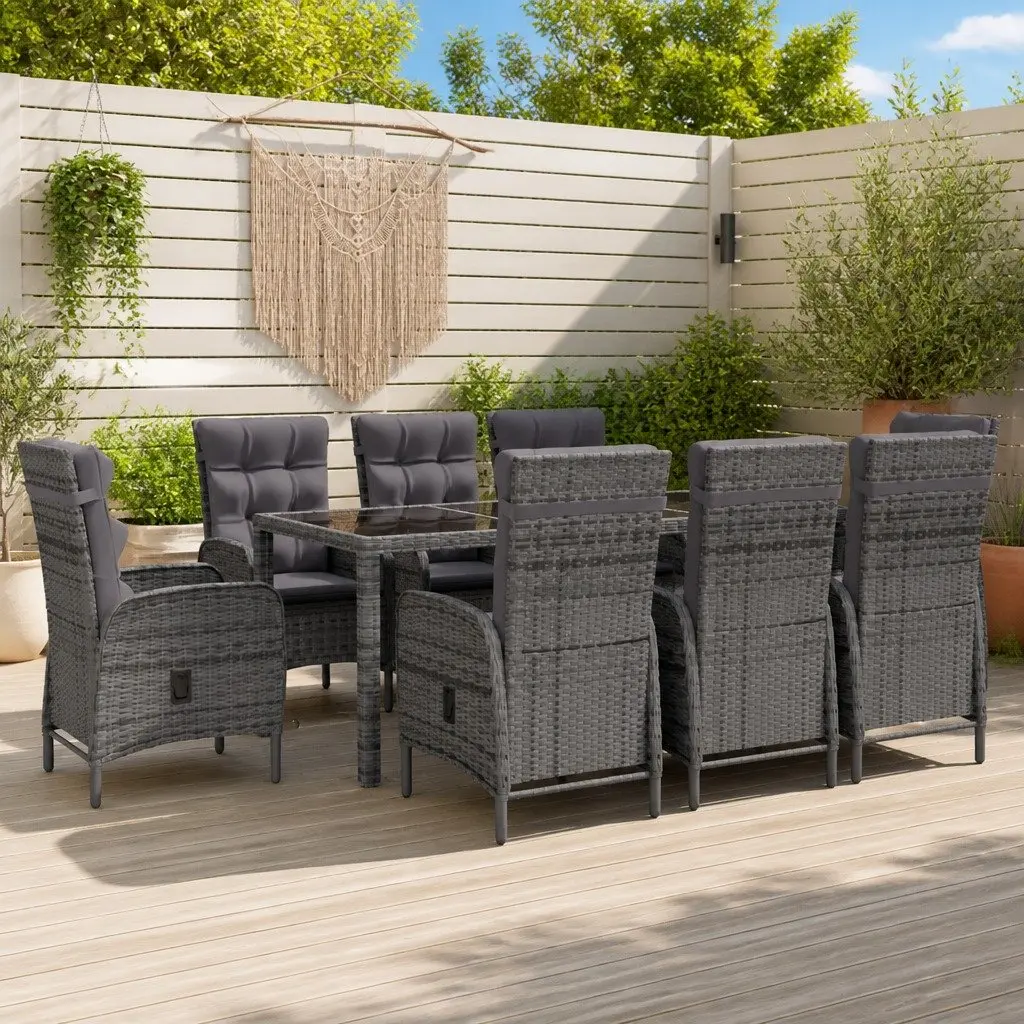 9 Piece Garden Dining Set Grey Outdoor Patio Reclining Chairs Glass Table