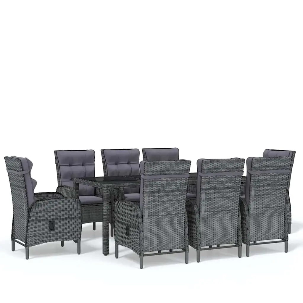 9 Piece Garden Dining Set Grey Outdoor Patio Reclining Chairs Glass Table