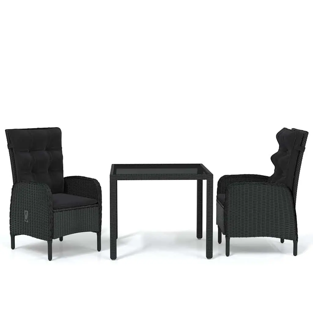Garden Dining Set Black 3 Piece Outdoor Furniture Steel Frame Weather Resistant PE Rattan Glass Table Adjustable Backrest Chairs
