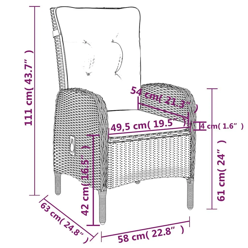 Garden Dining Set Black 3 Piece Outdoor Furniture Steel Frame Weather Resistant PE Rattan Glass Table Adjustable Backrest Chairs
