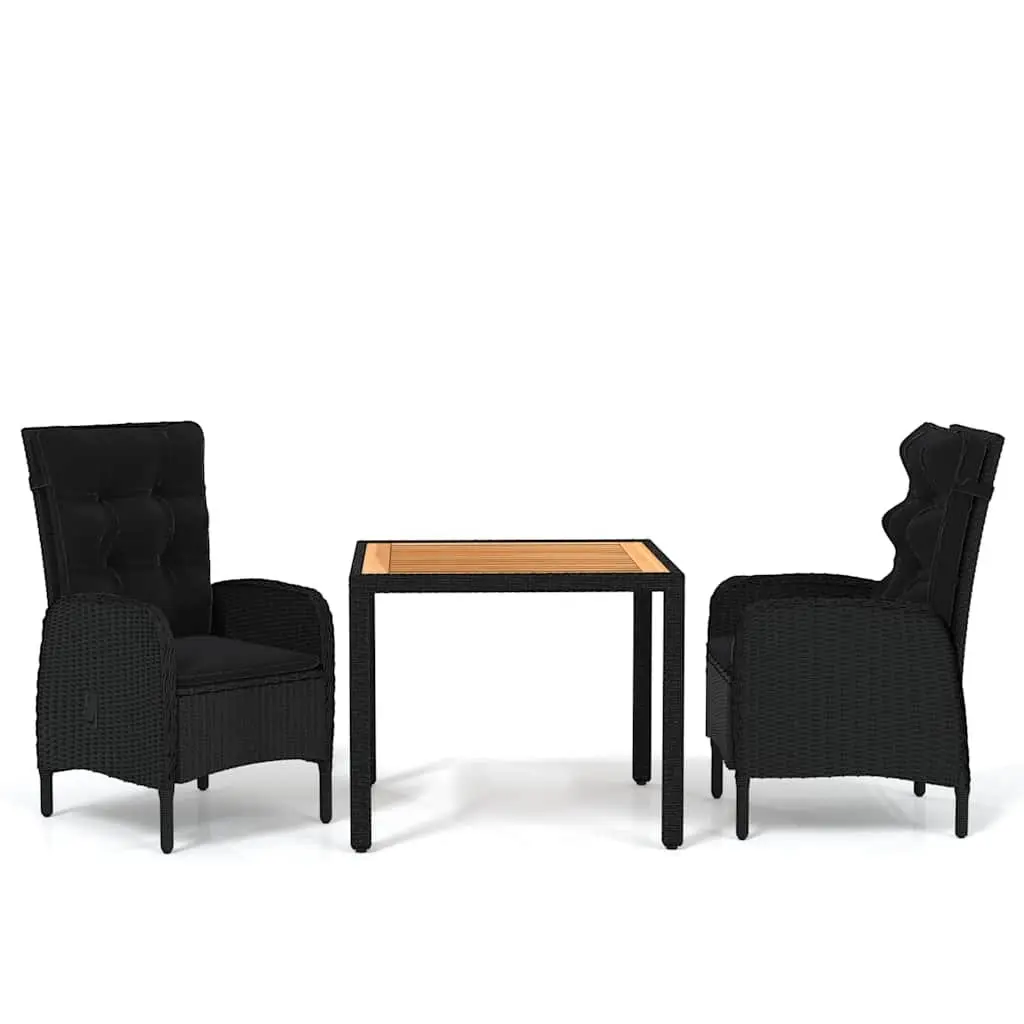 3 Piece Outdoor Dining Set Black Steel Frame Weather Resistant PE Rattan Acacia Wood Table