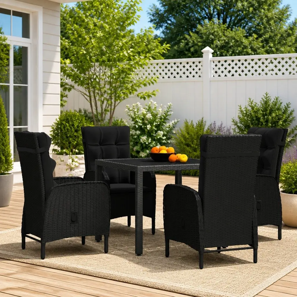 5 Piece Garden Dining Set Black Steel Frame Weather Resistant PE Rattan with Cushions
