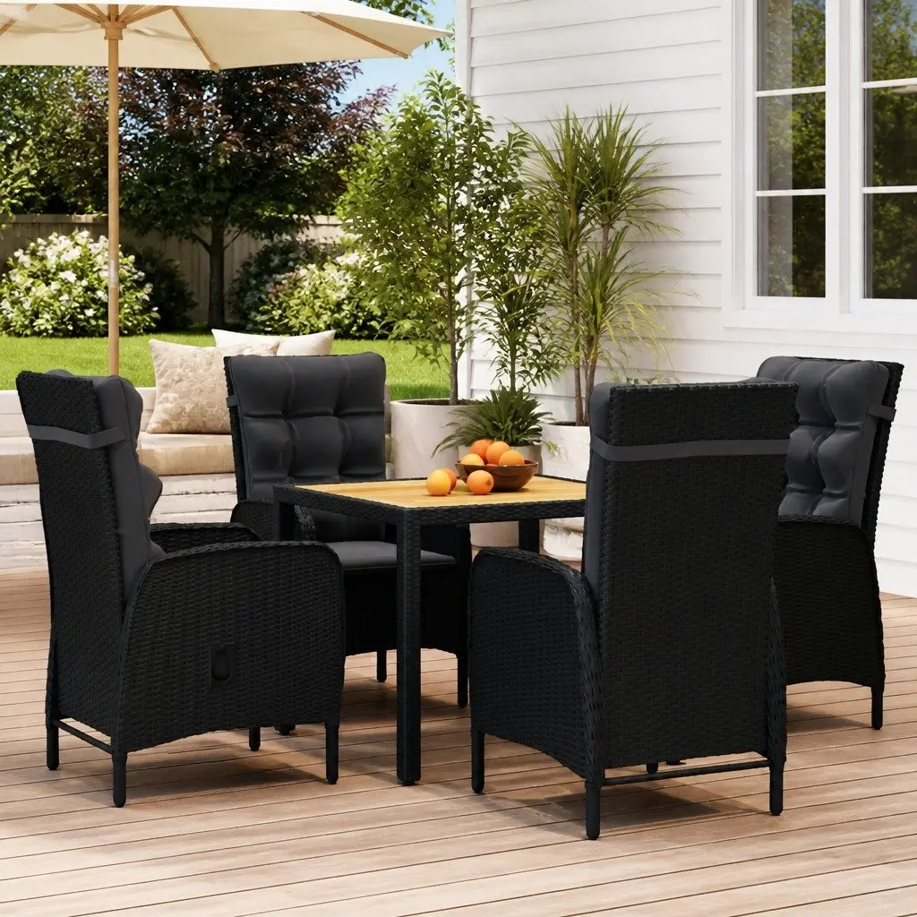 5 Piece Garden Dining Set Black Steel Frame PE Rattan Table Chairs with Cushions