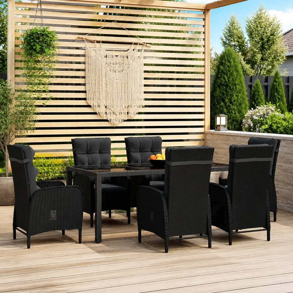 7 Piece Garden Dining Set Outdoor Furniture PE Rattan Black Patio Table Chairs