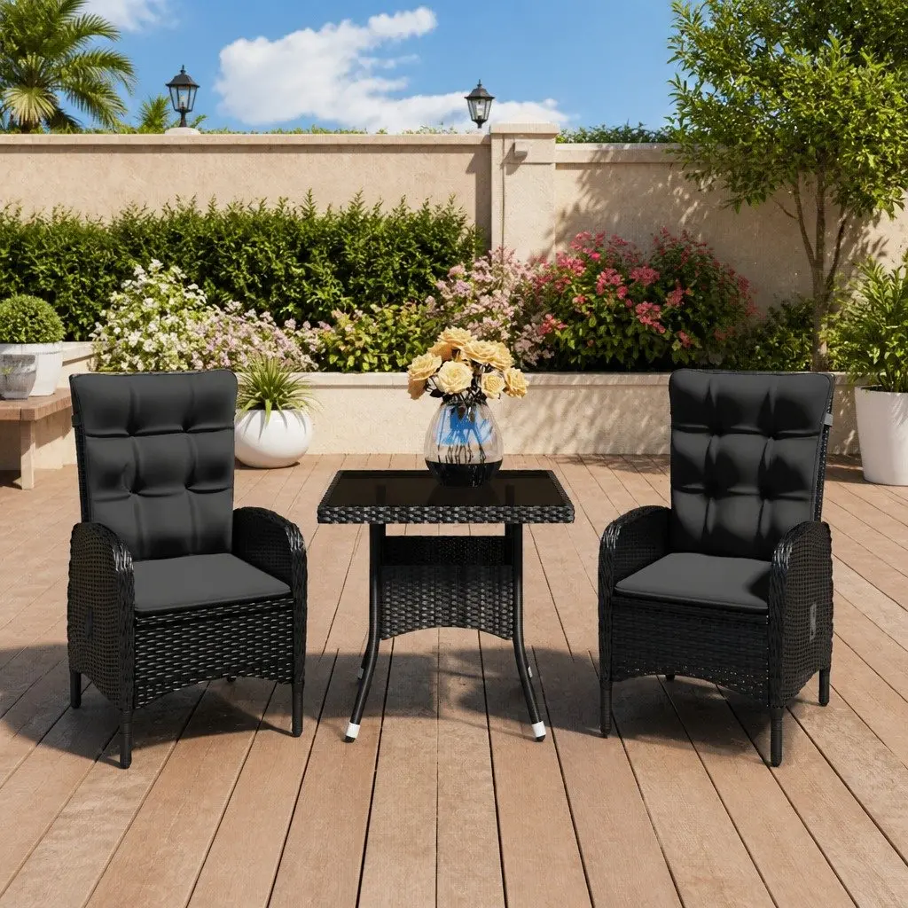 Outdoor Dining Set 3 Piece Garden Furniture Poly Rattan Glass Table Chairs Black