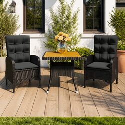 Outdoor Dining Set 3 Piece Garden Furniture Poly Rattan Acacia Wood Black