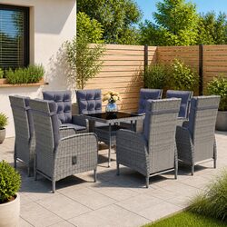 9 Piece Outdoor Dining Set in Grey with Cushions